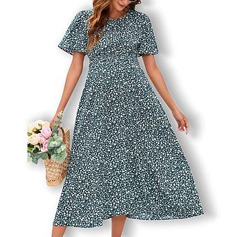 Women's Maternity Midi Dress with Ruffle Hem & Smocked Bodice Casual Empire Waist Pregnancy Dress