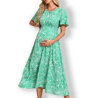 Women's Maternity Midi Dress with Ruffle Hem & Smocked Bodice Casual Empire Waist Pregnancy Dress