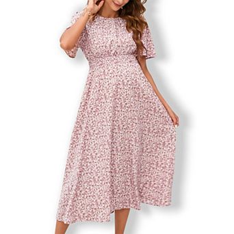 Women's Maternity Midi Dress with Ruffle Hem & Smocked Bodice Casual Empire Waist Pregnancy Dress