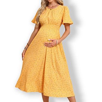 Women's Maternity Midi Dress with Ruffle Hem & Smocked Bodice Casual Empire Waist Pregnancy Dress