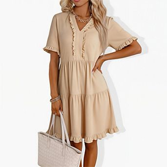 Women's V-Neck Ruffle Dress - Short Sleeve Tiered Flowy Knee-Length Casual Summer Dress