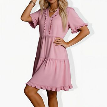 Women's V-Neck Ruffle Dress - Short Sleeve Tiered Flowy Knee-Length Casual Summer Dress