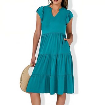Women's V-Neck Ruffle Sleeve Midi Dress - Tiered Boho Flowy Casual Summer Dress
