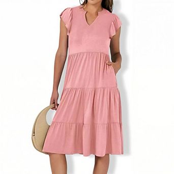 Women's V-Neck Ruffle Sleeve Midi Dress - Tiered Boho Flowy Casual Summer Dress