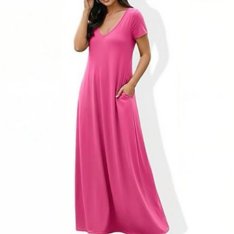 Women's Solid Color Deep V-Neck Maxi Dress - Short Sleeve Flowy Long Formal Casual Dress