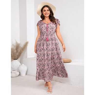 Women's Plus Size Maxi Dress Short Sleeve Boho Baggy Dresses Floral Flowy Dresses with Pockets