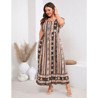 Women's Plus Size Maxi Dress Short Sleeve Boho Baggy Dresses Floral Flowy Dresses with Pockets