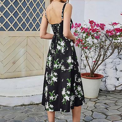 Women's Corset Boned Maxi Dress - Adjustable Drawstring Side Slit Sleeveless Long Dress