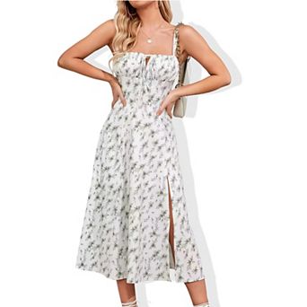 Women's Corset Boned Maxi Dress - Adjustable Drawstring Side Slit Sleeveless Long Dress
