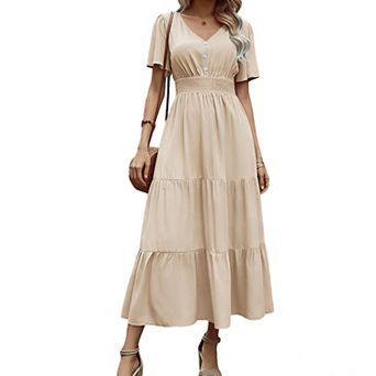 Women's V Neck Ruffle Sleeve Tiered Maxi Dress Smocked Waist Flowy Casual Dress for Summer