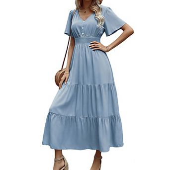 Women's V Neck Ruffle Sleeve Tiered Maxi Dress Smocked Waist Flowy Casual Dress for Summer