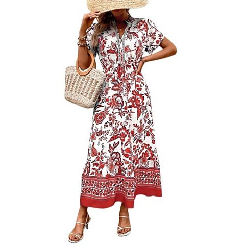 Женские платья Boho Floral Midi Dress V-Neck Lace Trim Short Sleeves Tie Waist for Casual Beach Wear