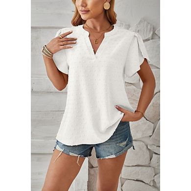 Women's Swiss Dot Blouse Split V-Neck Petal Sleeves for Office Casual Wear