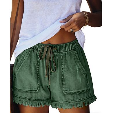 Women's Elastic Waist Drawstring Frayed Hem Relaxed Fit Denim Shorts with Pockets