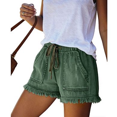 Women's Elastic Waist Drawstring Frayed Hem Relaxed Fit Denim Shorts with Pockets
