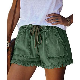 Women's Elastic Waist Drawstring Frayed Hem Relaxed Fit Denim Shorts with Pockets