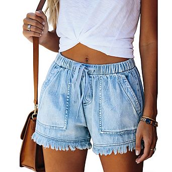 Women's Elastic Waist Drawstring Frayed Hem Relaxed Fit Denim Shorts with Pockets