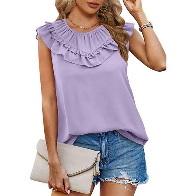 Womens Ruffle Short Sleeve Trendy Casual T Shirts Crew Neck Cute Blouses