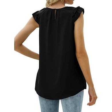 Womens Ruffle Short Sleeve Trendy Casual T Shirts Crew Neck Cute Blouses