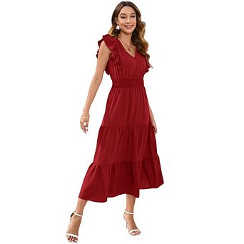 Women's Casual Short Cap Sleeve V Neck Smocked Waist Tiered Boho Floral Flowy Midi Dress