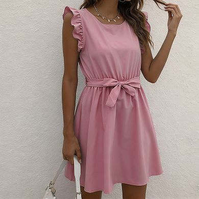 Women's Ruffled Sleeve Crew Neck A-Line Dress Casual Mini Dresses with Belt