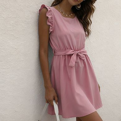 Women's Ruffled Sleeve Crew Neck A-Line Dress Casual Mini Dresses with Belt