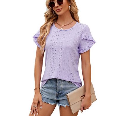 Women's Crew Neck Eyelet Blouse Ruffle Short Sleeve Stretch Knit Casual Top