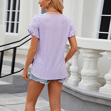 Women's Crew Neck Eyelet Blouse Ruffle Short Sleeve Stretch Knit Casual Top