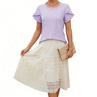 Women's Crew Neck Eyelet Blouse Ruffle Short Sleeve Stretch Knit Casual Top