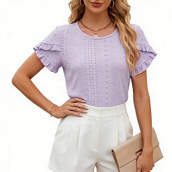 Women's Crew Neck Eyelet Blouse Ruffle Short Sleeve Stretch Knit Casual Top