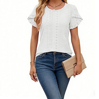 Women's Crew Neck Eyelet Blouse Ruffle Short Sleeve Stretch Knit Casual Top