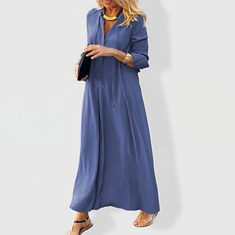 Women's Classic Long Sleeve Shirt Dress - Solid Button Down Casual Shift Midi Dress
