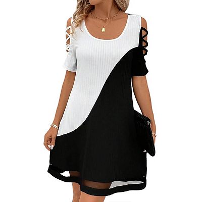 casual cold shoulder summer dresses Women's Cold Shoulder Shirt Short Sleeve Dress Summer Casual Hollow Mesh  Color Block Dress