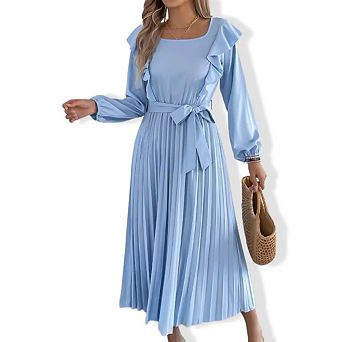 Women's Square Neck Ruffle Dress - Long Sleeve Smocked Waist Pleated Midi Dress