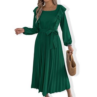 Women's Square Neck Ruffle Dress - Long Sleeve Smocked Waist Pleated Midi Dress
