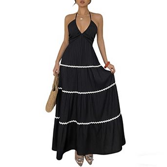 Women's Halter Neck Pleated Maxi Dress Backless Tiered Summer Dress for Party & Vacation