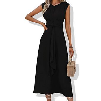 Women's Solid Color Tie Waist Maxi Dress - Sleeveless Long Casual Summer Dress
