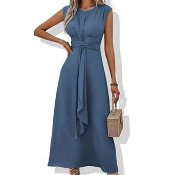 Women's Solid Color Tie Waist Maxi Dress - Sleeveless Long Casual Summer Dress