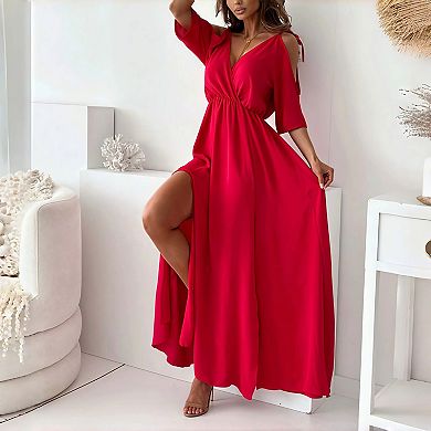 Women's Solid Color 3/4 Sleeve Midi Dress - V-Neck Slim Fit Casual Summer Dress