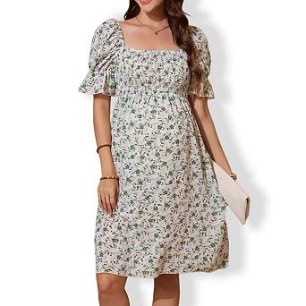 Women‘s Square Neck Puff Sleeve Dress with Smocked Bodice Floral Print Romantic Casual Midi Dress