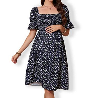 Women‘s Square Neck Puff Sleeve Dress with Smocked Bodice Floral Print Romantic Casual Midi Dress