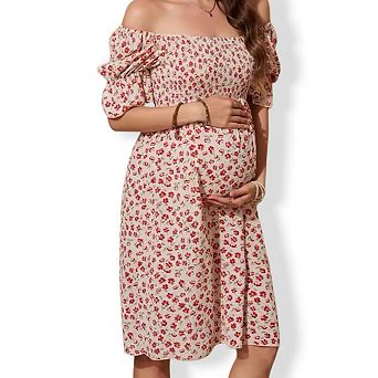 Women‘s Square Neck Puff Sleeve Dress with Smocked Bodice Floral Print Romantic Casual Midi Dress