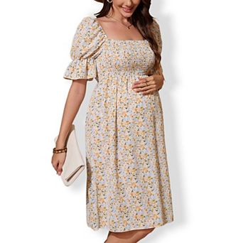 Women‘s Square Neck Puff Sleeve Dress with Smocked Bodice Floral Print Romantic Casual Midi Dress