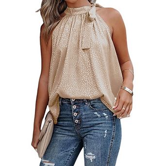 Women Sleeveless Tie Mock Neck Tops Leopard Loose Casual Side Bow Satin Halter Tank Top Blouses