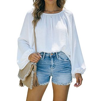 Women's High Waist Denim Shorts with Distressed Details Frayed Hem and Rolled Cuff Design