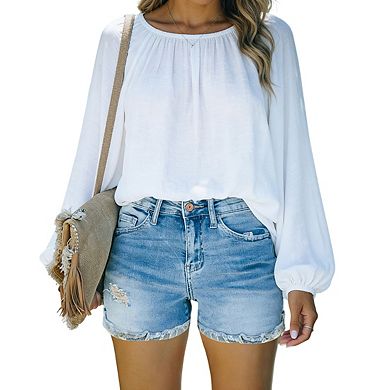 Women's High Waist Denim Shorts with Distressed Details Frayed Hem and Rolled Cuff Design