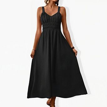 Women's Sleeveless Shirred Tank Dress - Relaxed Casual Pleated Long Summer Dress