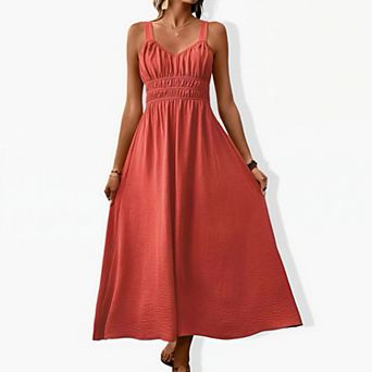 Women's Sleeveless Shirred Tank Dress - Relaxed Casual Pleated Long Summer Dress