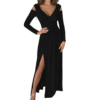 Women's Long Sleeve V-Neck Solid Color Dress - Side Slit Midi Casual Elegant Dress