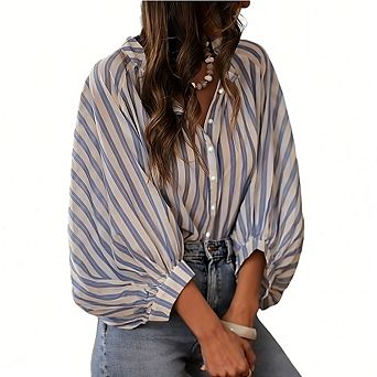 Women Striped Balloon Sleeve Blouse Button Down Ruffle Peplum Top